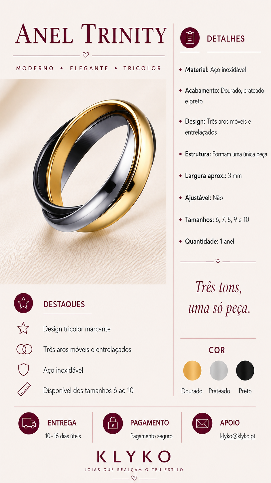 Ficha informativa do Anel TRINITY em aço inoxidável com três aros móveis e entrelaçados, acabamentos dourado, prateado e preto, tamanhos 6 a 10 e informações de entrega.