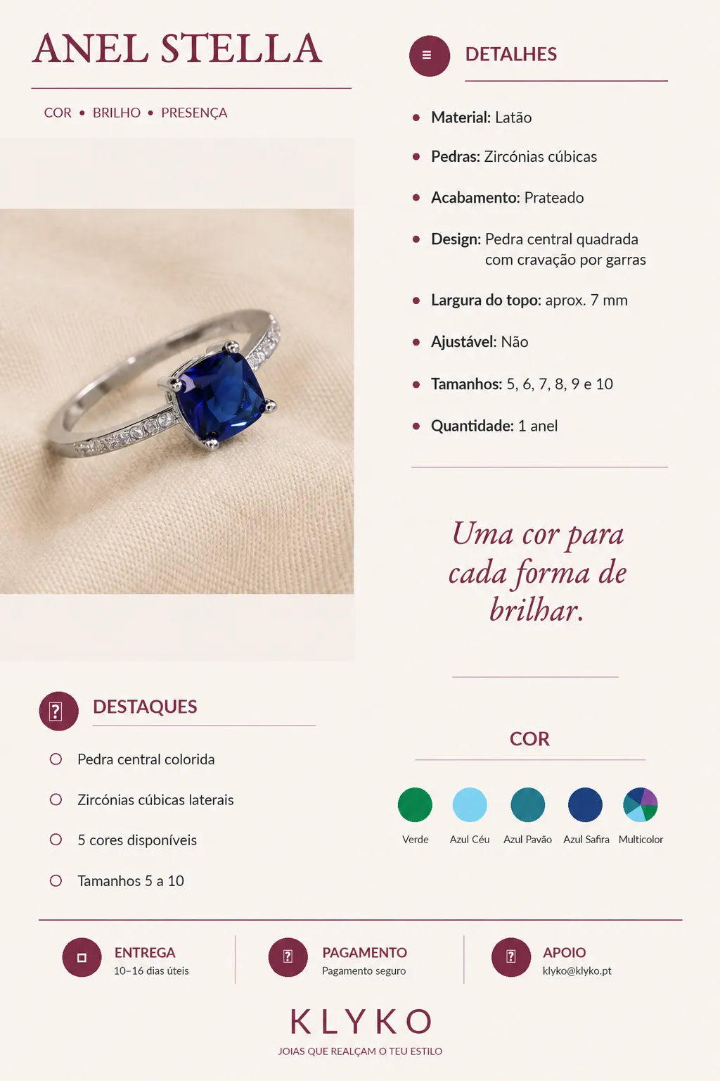 Ficha informativa Klyko do Anel STELLA, com design elegante em tons bordeaux e bege. Mostra o anel com pedra azul safira sobre pano bege, detalhes do produto, destaques, frase gancho, opções de cor Verde, Azul Céu, Azul Pavão, Azul Safira e Multicolor, além de informação de entrega, pagamento seguro e apoio ao cliente.