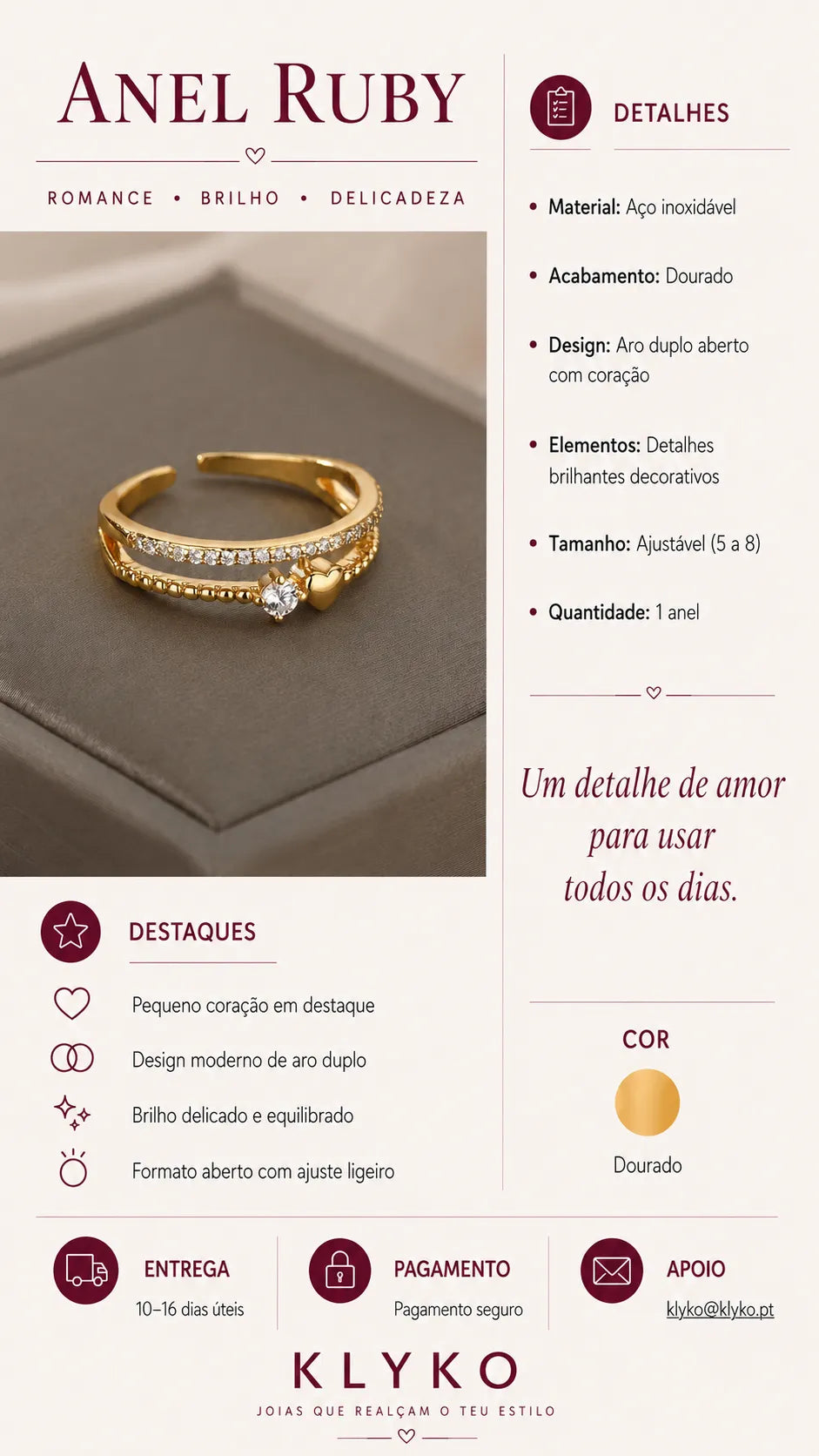 Ficha informativa do Anel RUBY ajustável em aço inoxidável com acabamento dourado, aro duplo, detalhe de coração, pequenos elementos brilhantes, cor dourada, entrega, pagamento e apoio Klyko.