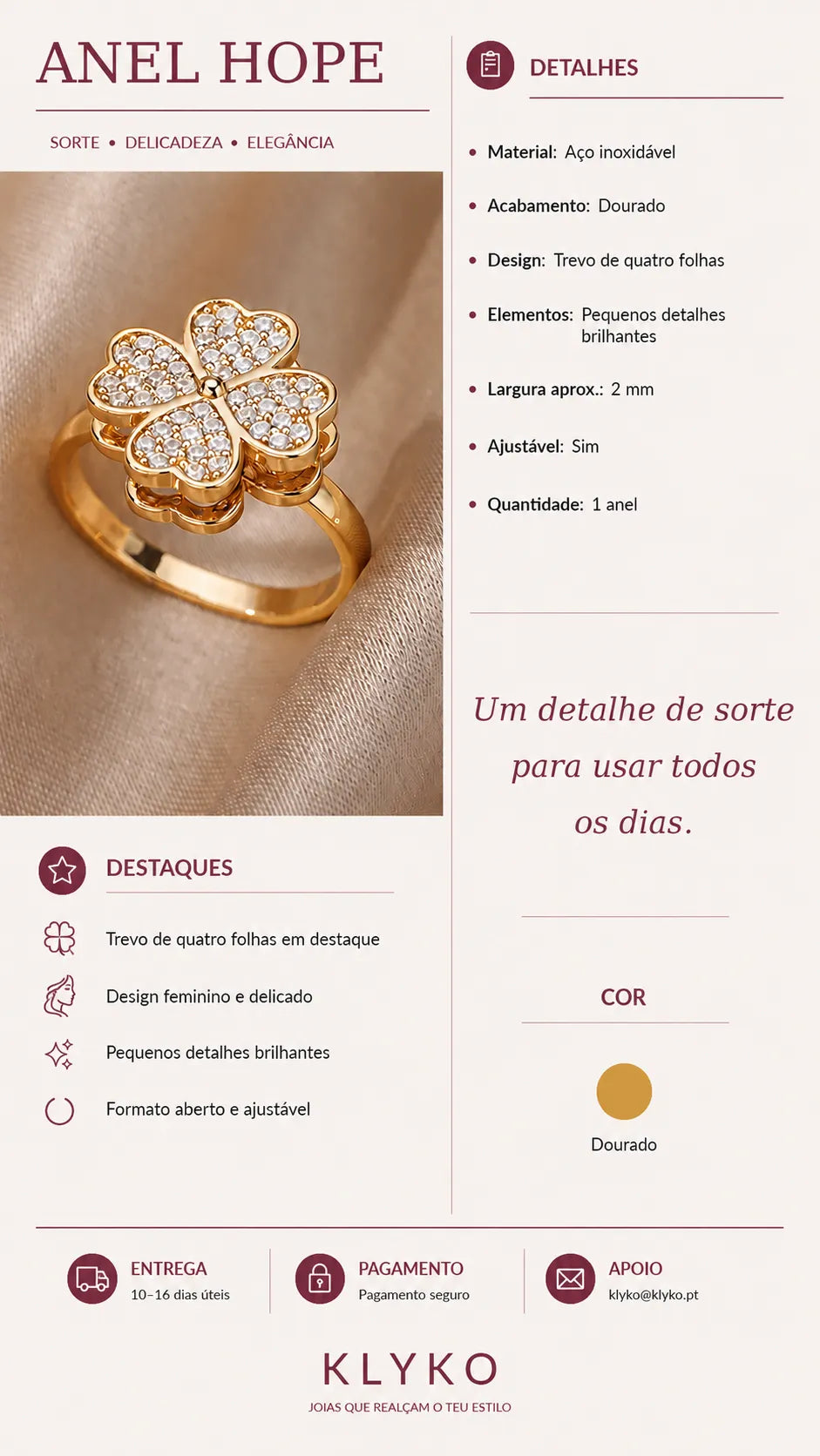 Ficha informativa do Anel HOPE ajustável em aço inoxidável com acabamento dourado, design de trevo de quatro folhas, pequenos detalhes brilhantes, cor dourada, entrega, pagamento e apoio Klyko.