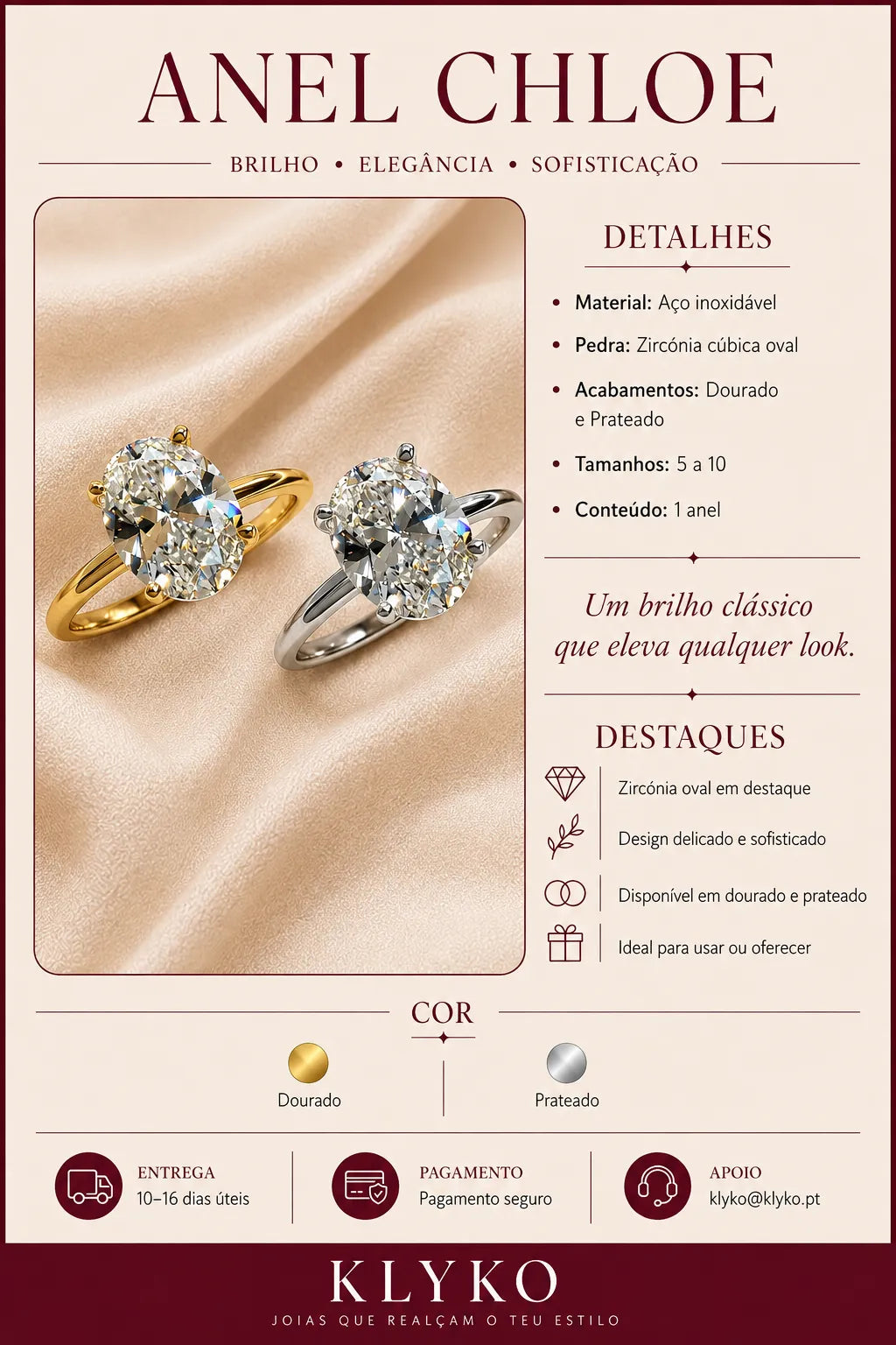Ficha informativa do Anel CHLOE em aço inoxidável com zircónia cúbica oval, disponível em dourado e prateado, tamanhos 5 a 10, com detalhes, destaques, entrega, pagamento e apoio Klyko.