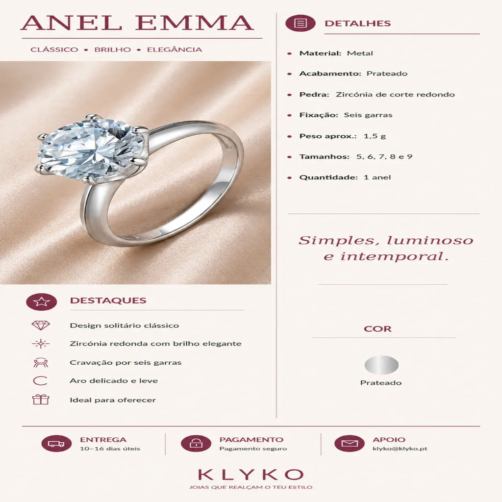 Ficha informativa do Anel EMMA solitário prateado, com base em metal, zircónia redonda, cravação de seis garras, tamanhos 5 a 9, detalhes, cuidados, entrega, pagamento e apoio Klyko.