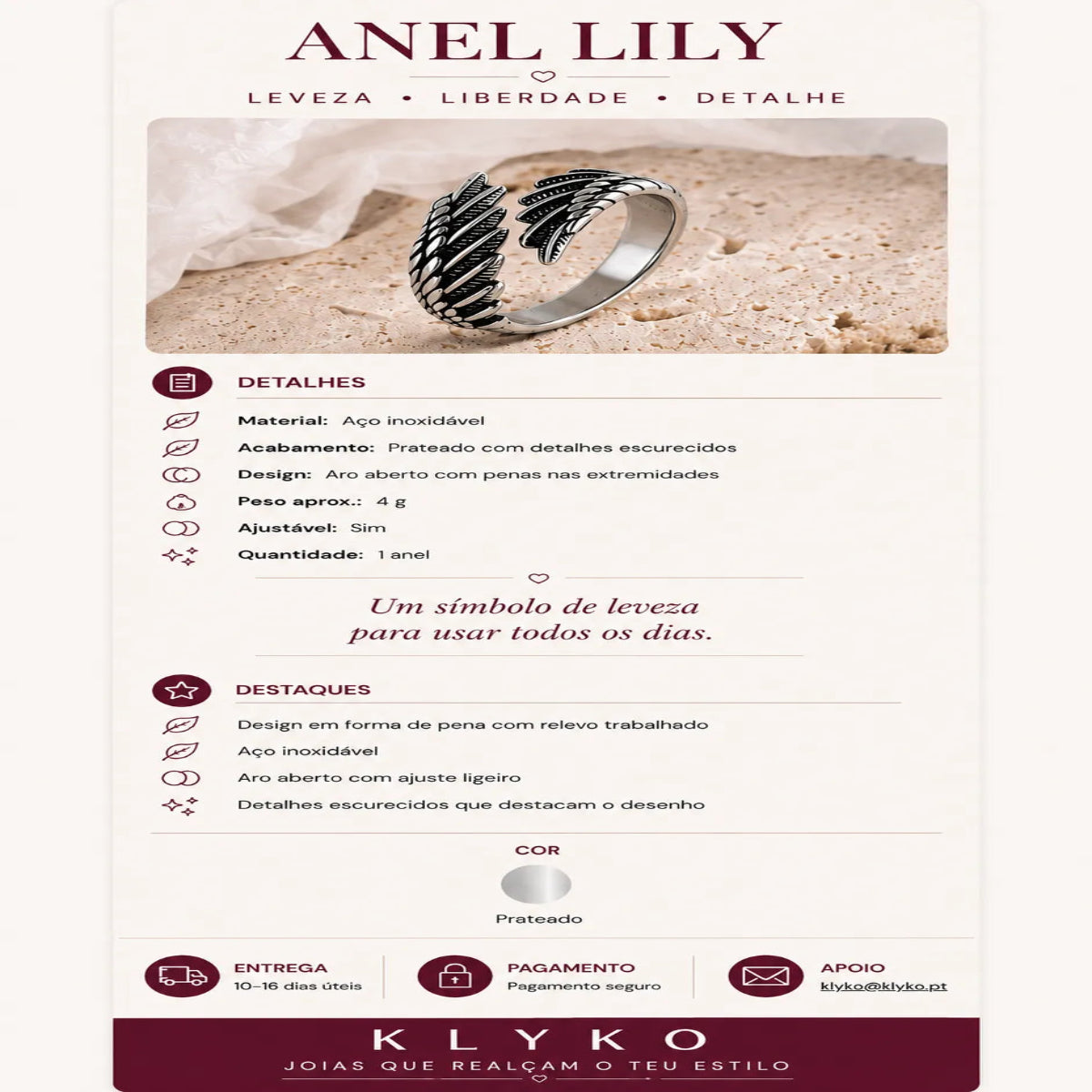 Ficha informativa do Anel LILY ajustável em aço inoxidável, com acabamento prateado, design de penas em relevo, detalhes escurecidos, tamanho ajustável, entrega, pagamento e apoio Klyko.