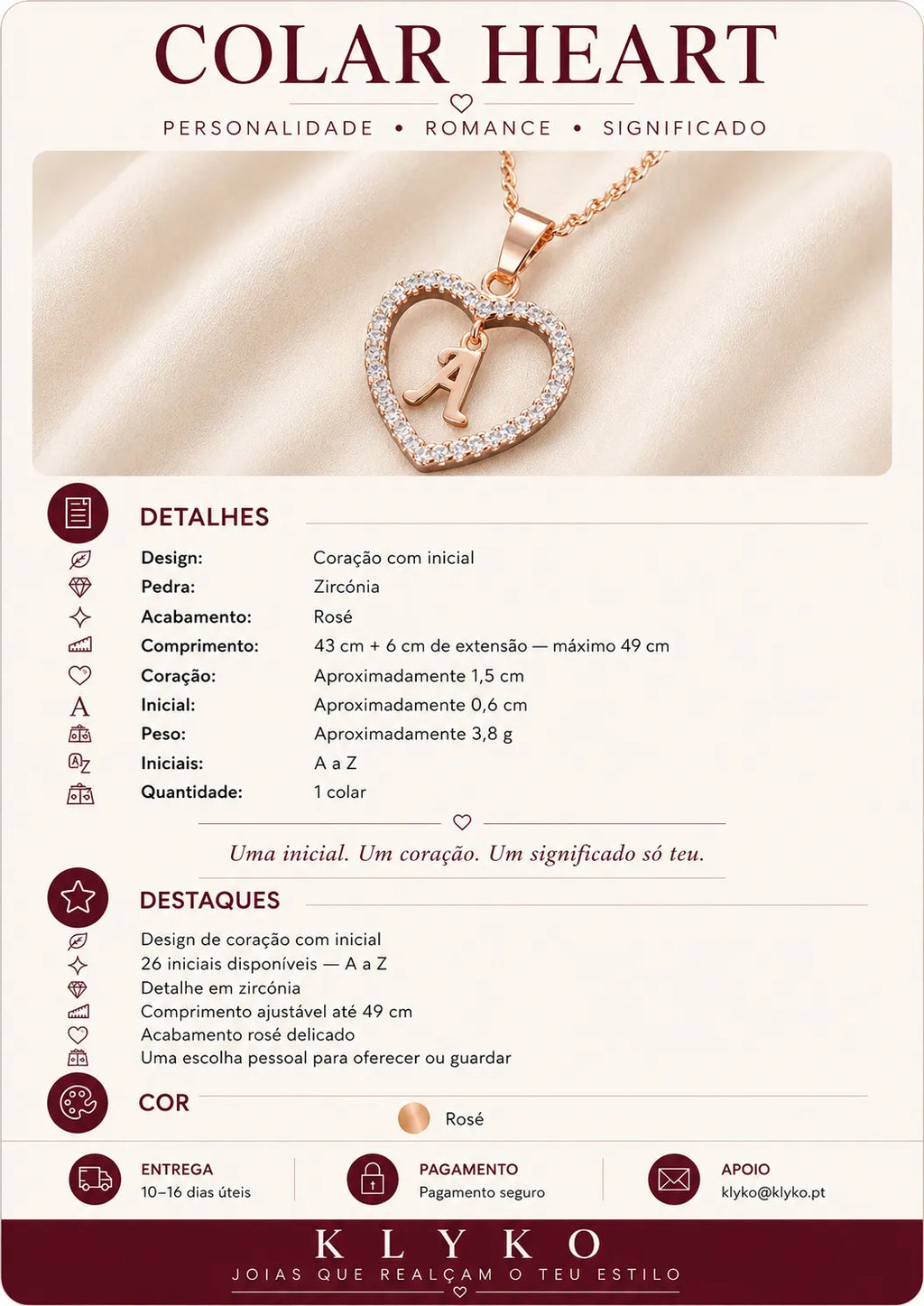 Ficha informativa do Colar HEART com coração, zircónia, acabamento rosé e iniciais A a Z
