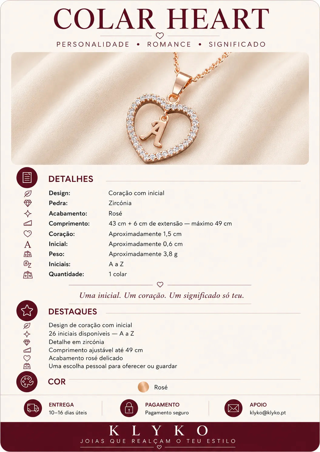 Ficha informativa do Colar HEART com coração, zircónia, acabamento rosé e iniciais A a Z