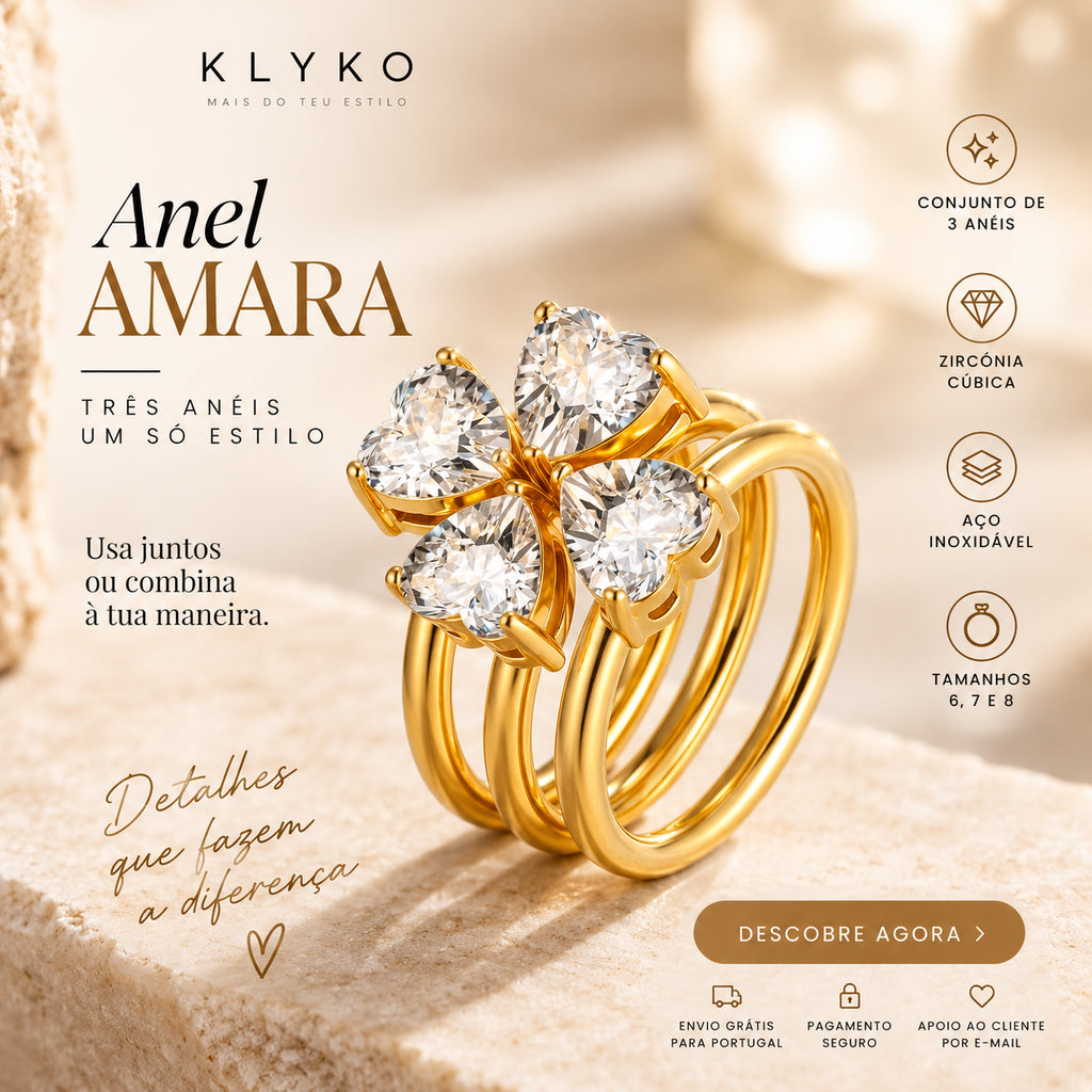 Imagem publicitária do Anel AMARA dourado, conjunto de 3 anéis empilháveis em aço inoxidável com tamanhos 6, 7 e 8