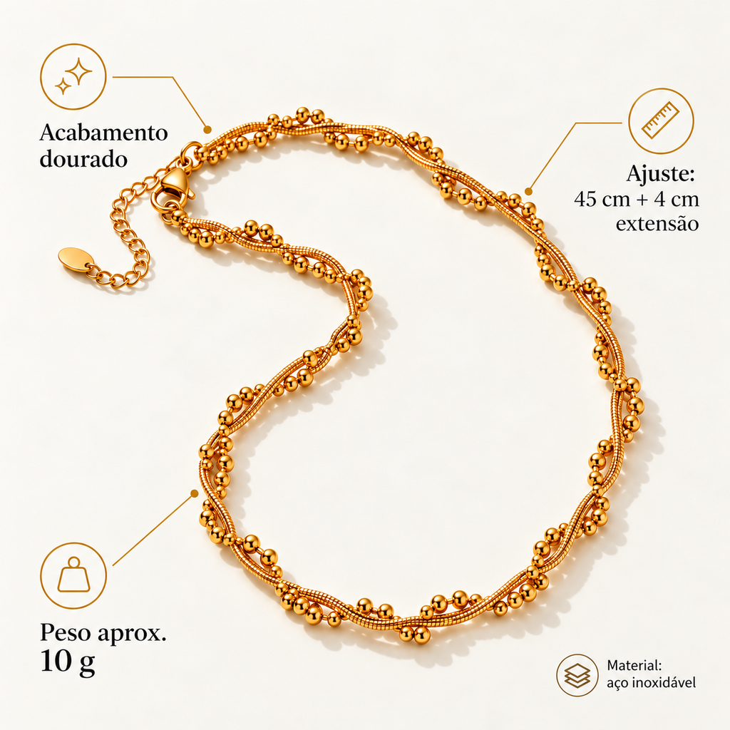 Infografia técnica do Colar BRISA dourado: aço inoxidável, 45 cm mais 4 cm de extensão e peso aproximado de 10 g