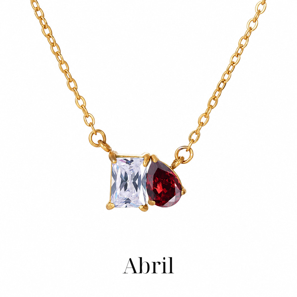 Colar CLARA Abril com detalhe retangular transparente e gota vermelha, acabamento dourado