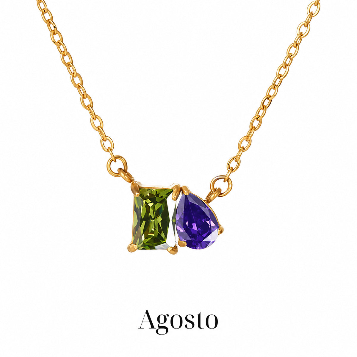 Colar CLARA Agosto com detalhe retangular verde e gota violeta, acabamento dourado