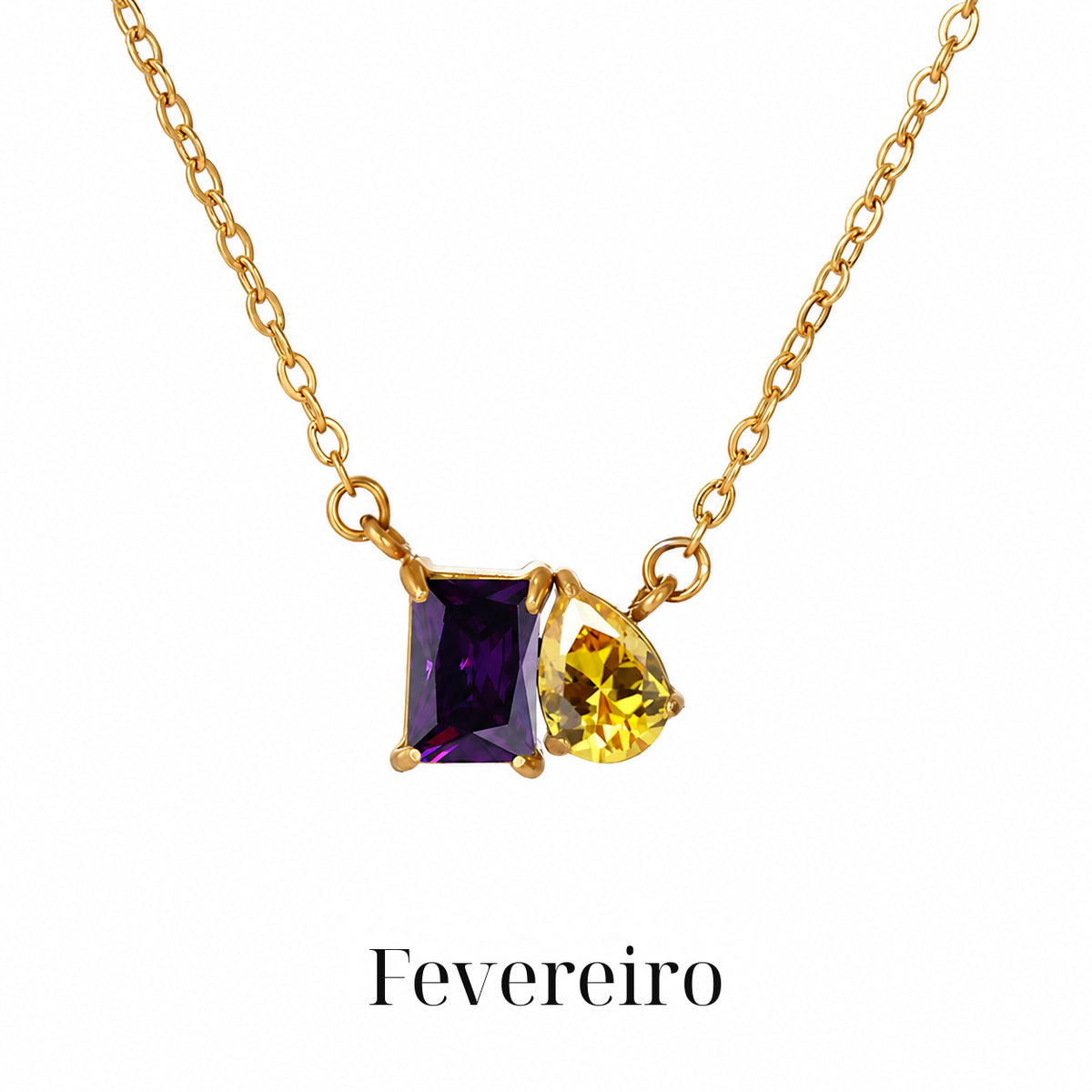Colar CLARA Fevereiro com detalhe retangular violeta e gota amarela, acabamento dourado