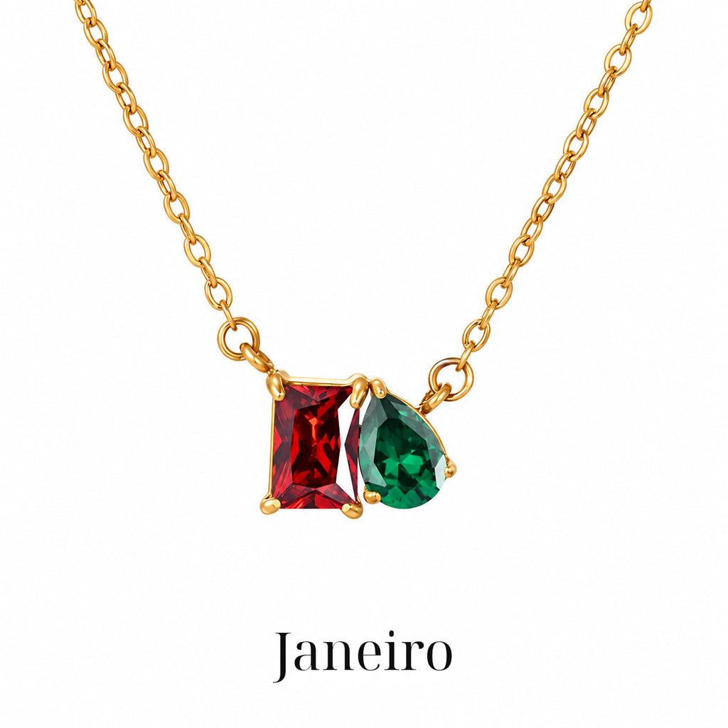 Colar CLARA Janeiro com detalhe retangular vermelho e gota verde, acabamento dourado