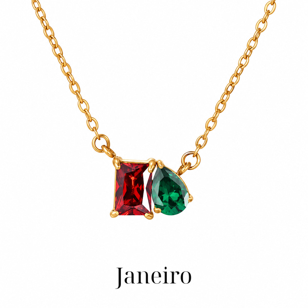 Colar CLARA Janeiro com detalhe retangular vermelho e gota verde, acabamento dourado