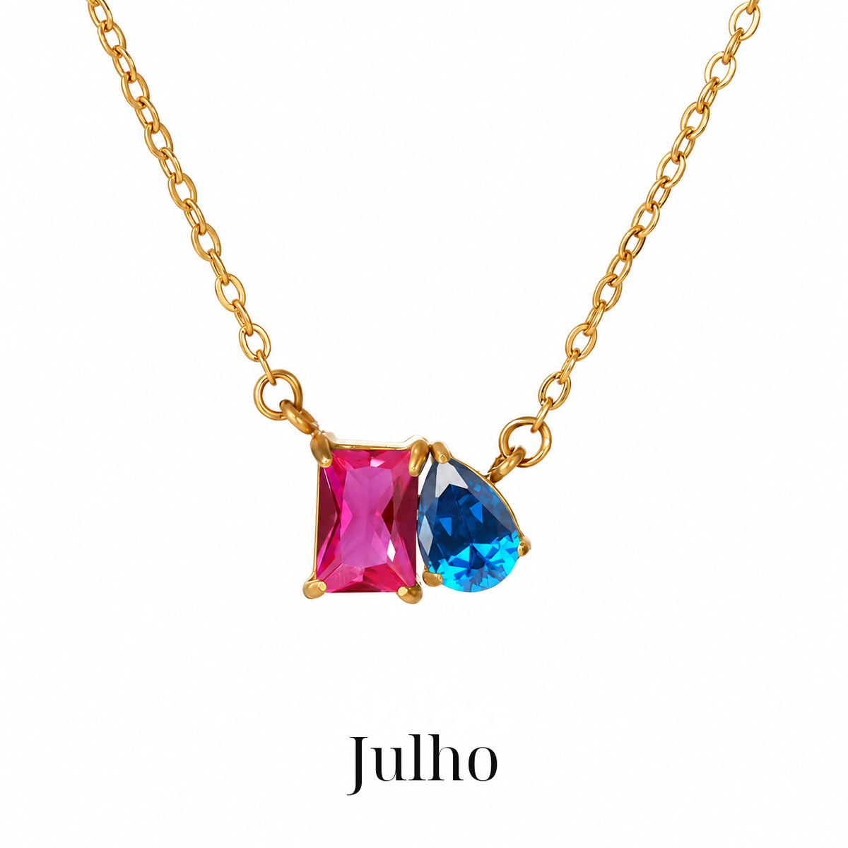Colar CLARA Julho com detalhe retangular rosa e gota azul, acabamento dourado