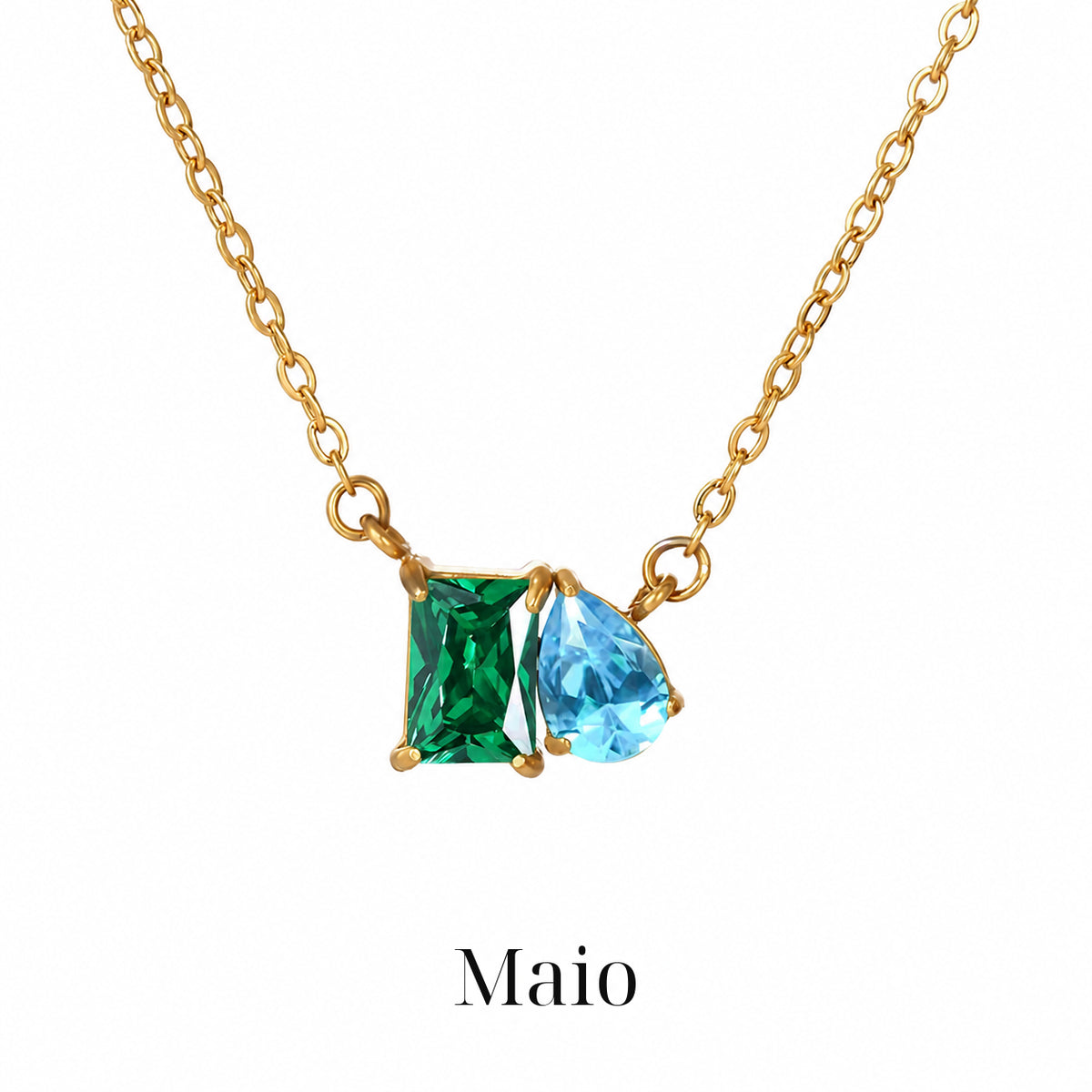 Colar CLARA Maio com detalhe retangular verde e gota azul-clara, acabamento dourado