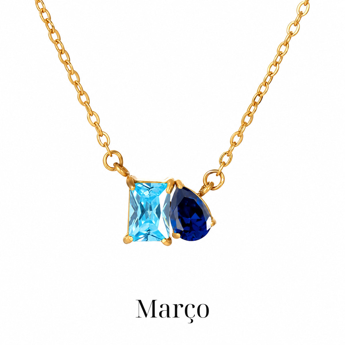 Colar CLARA Março com detalhe retangular azul-claro e gota azul-escura, acabamento dourado