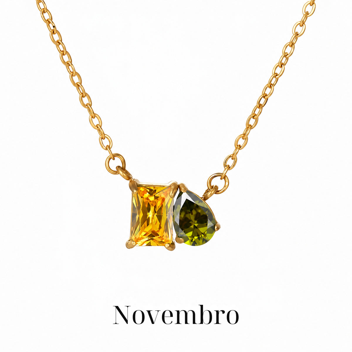 Colar CLARA Novembro com detalhe retangular amarelo e gota verde-oliva, acabamento dourado