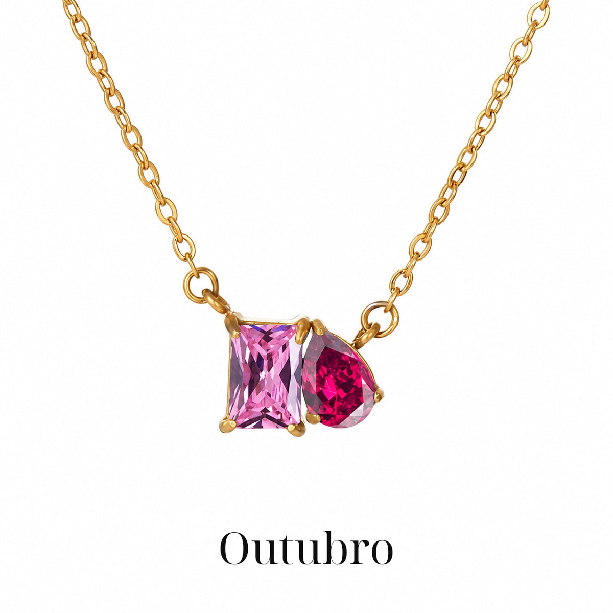 Colar CLARA Outubro com detalhe retangular rosa e gota vermelha, acabamento dourado