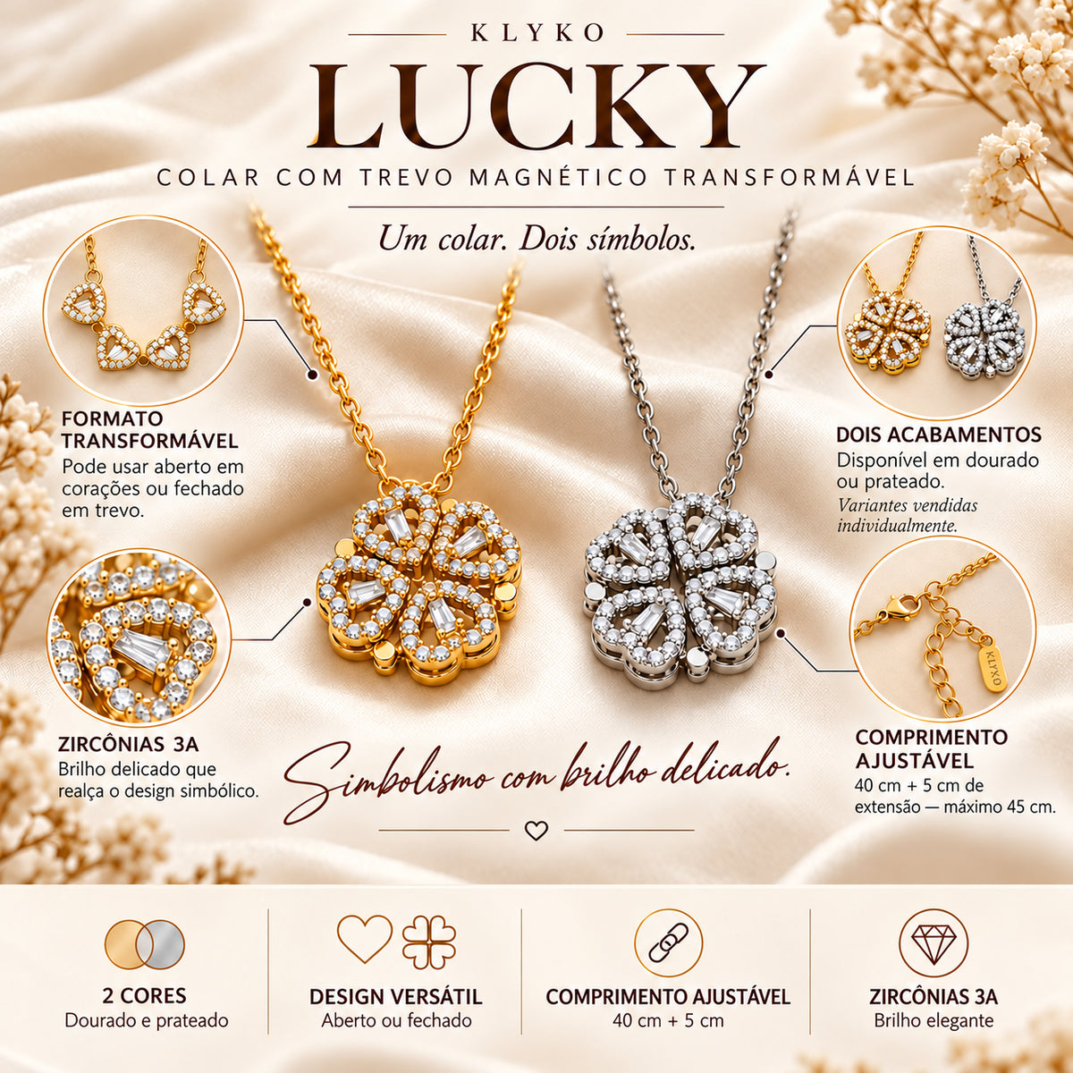 Infografia do Colar LUCKY transformável em dourado e prateado