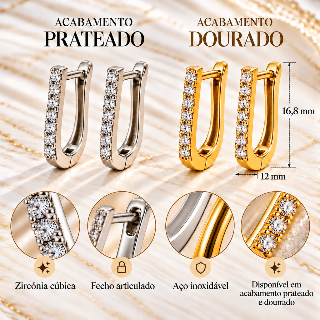 Infografia dos Brincos LUNA em U com zircónias, medidas e acabamentos prateado e dourado
