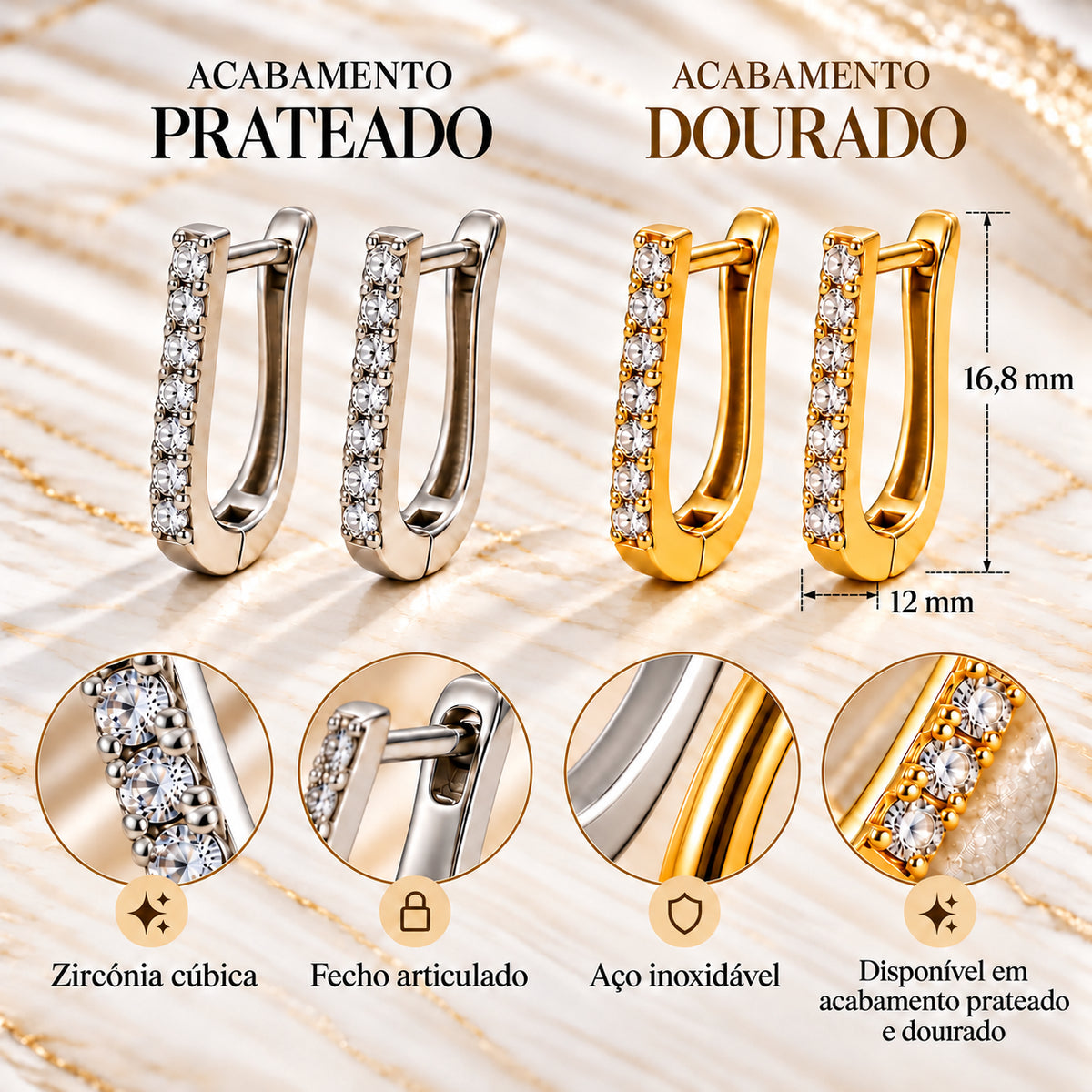 Infografia dos Brincos LUNA em U com zircónias, medidas e acabamentos prateado e dourado