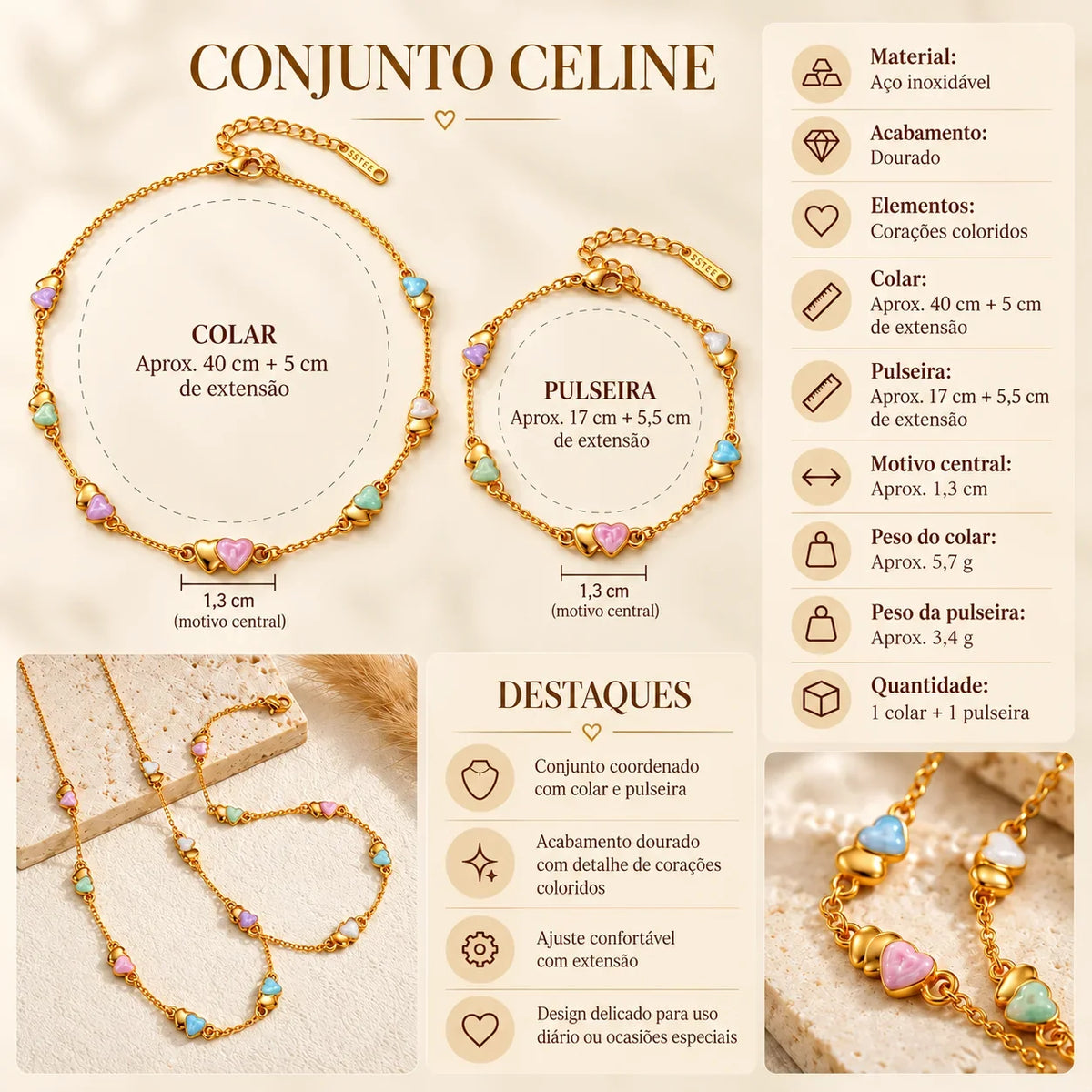 Infografia do Conjunto CELINE com medidas, pesos, material e acabamento dourado