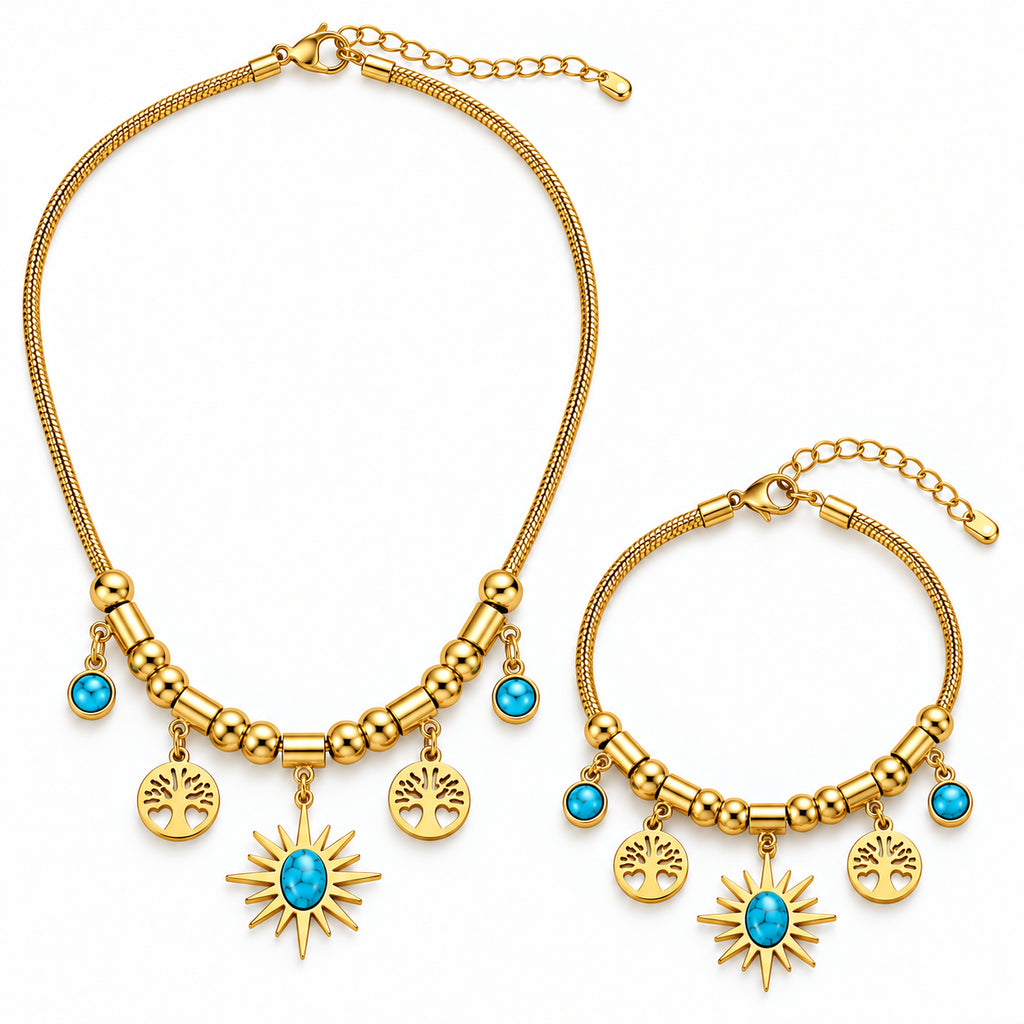 Conjunto SOLARA com colar e pulseira em aço inoxidável, acabamento dourado, sol e medalhas