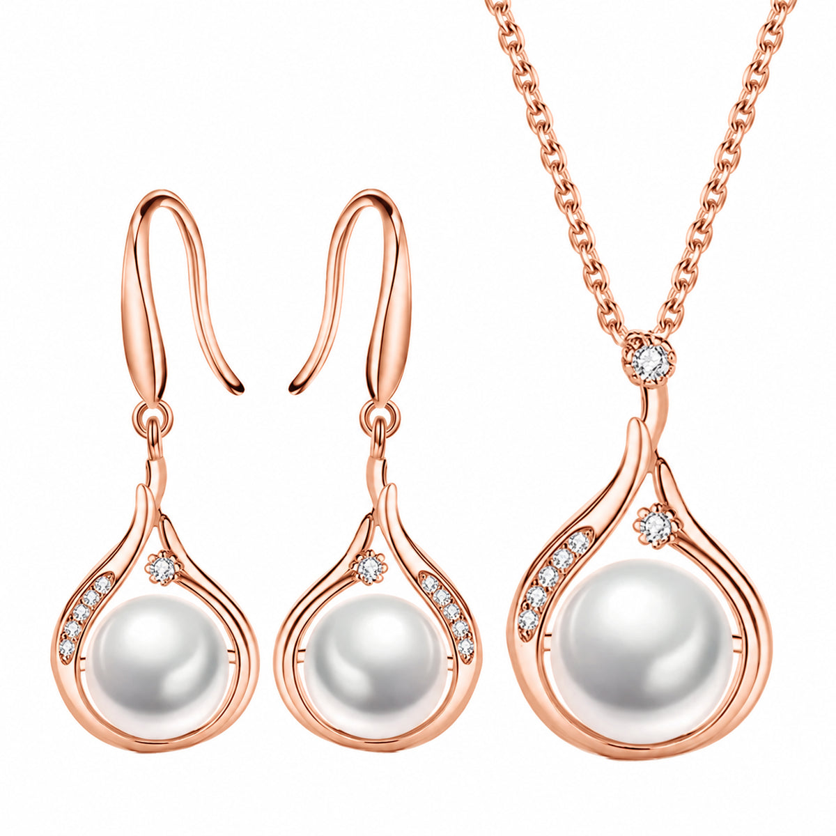 Conjunto ELIA em acabamento rosa dourado com colar e brincos de pérola e zircónia