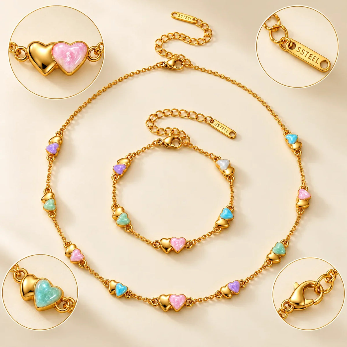 Detalhes do Conjunto CELINE com corações coloridos e acabamento dourado