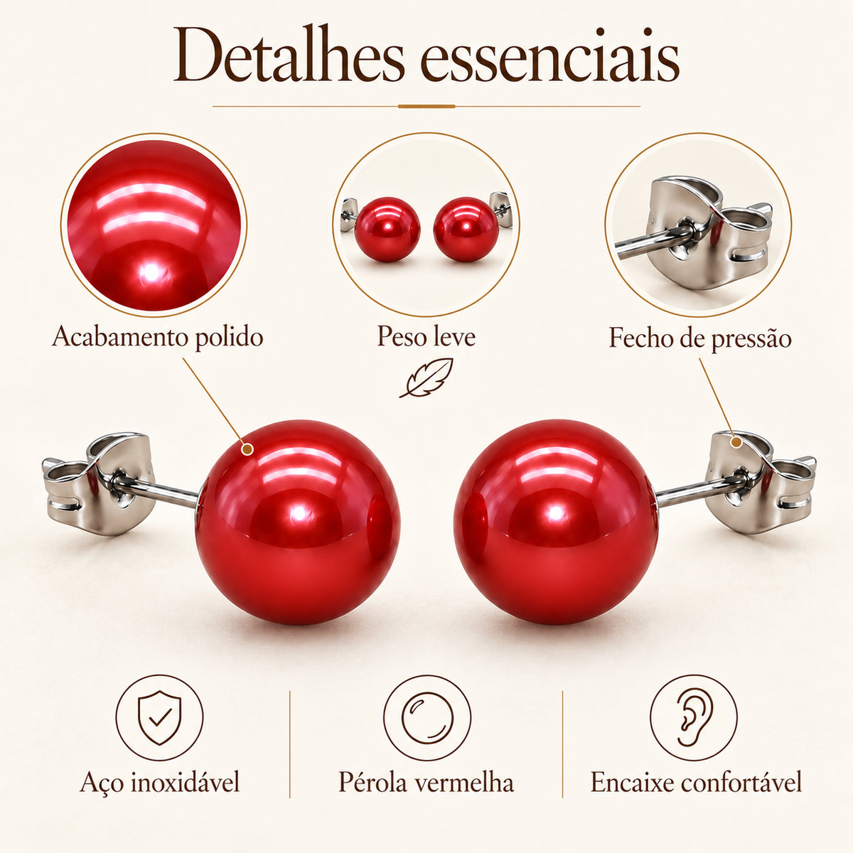 Infografia de detalhes dos Brincos PERLA com acabamento polido, peso leve e fecho de pressão