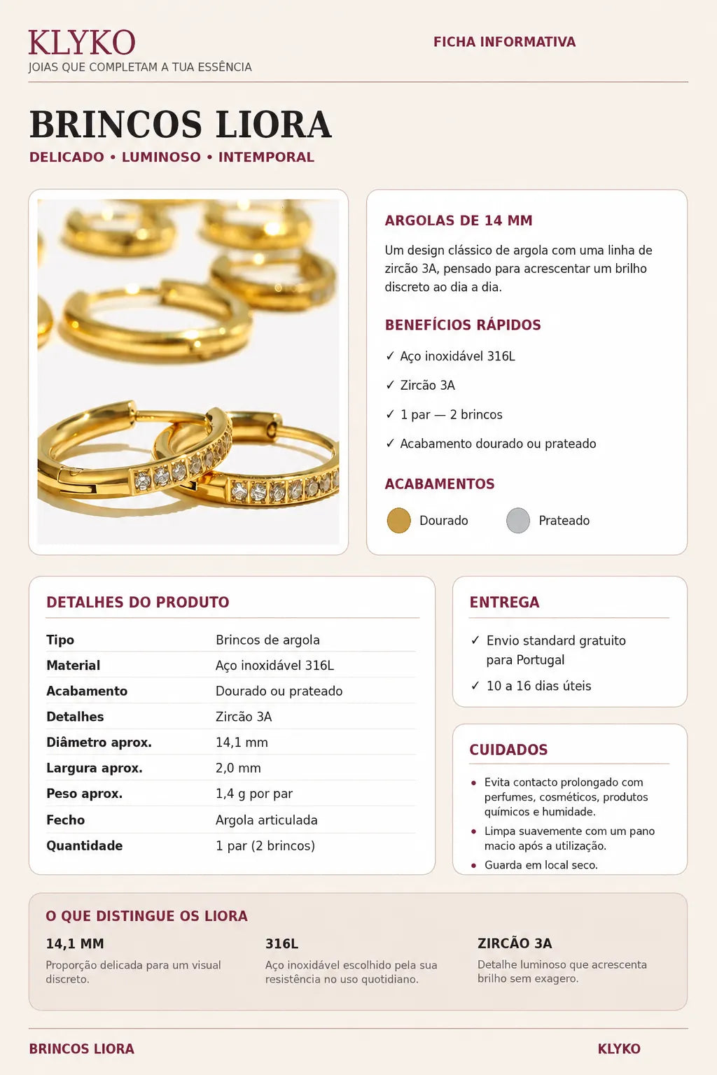 Ficha informativa dos Brincos LIORA com medidas, material, acabamentos, cuidados e entrega.