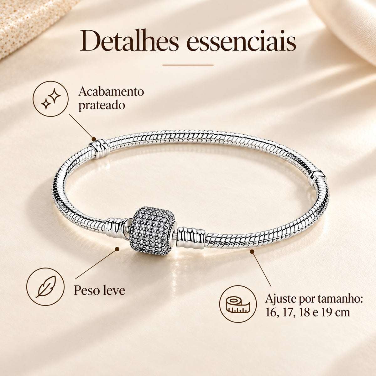 Pulseira LIA prateada em aço inoxidável apresentada em composição elegante.