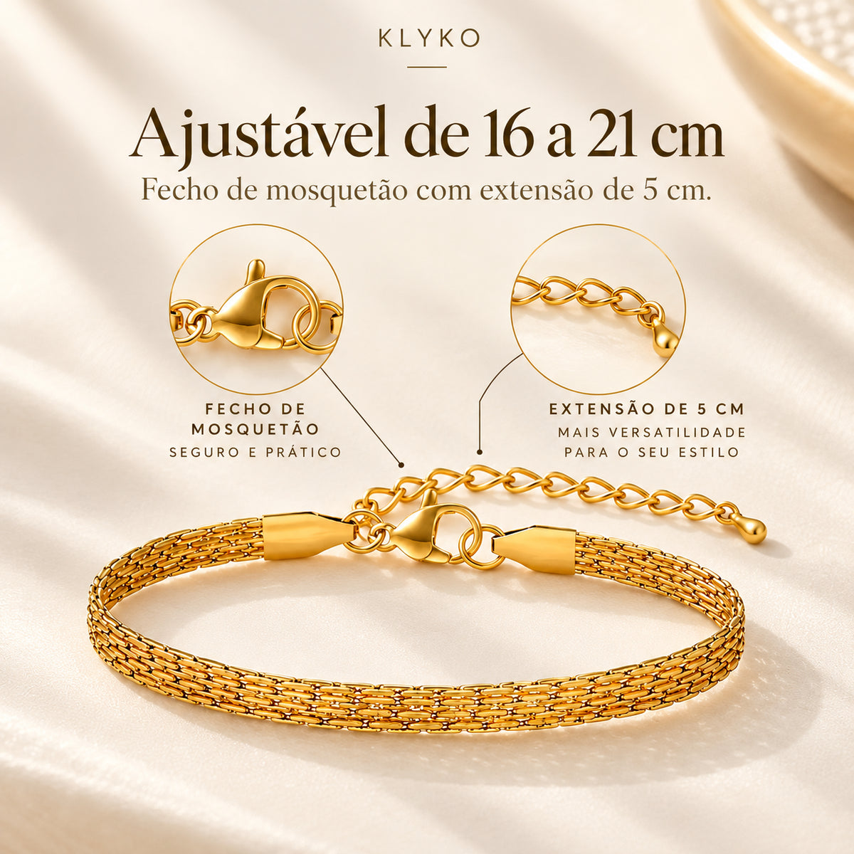 Pulseira LUMA dourada em aço inoxidável apresentada em vista aproximada.