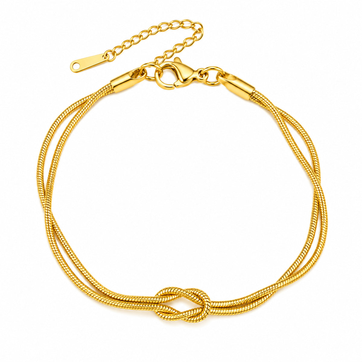 Pulseira MAIA em aço inoxidável com corrente dupla e nó central, acabamento dourado.