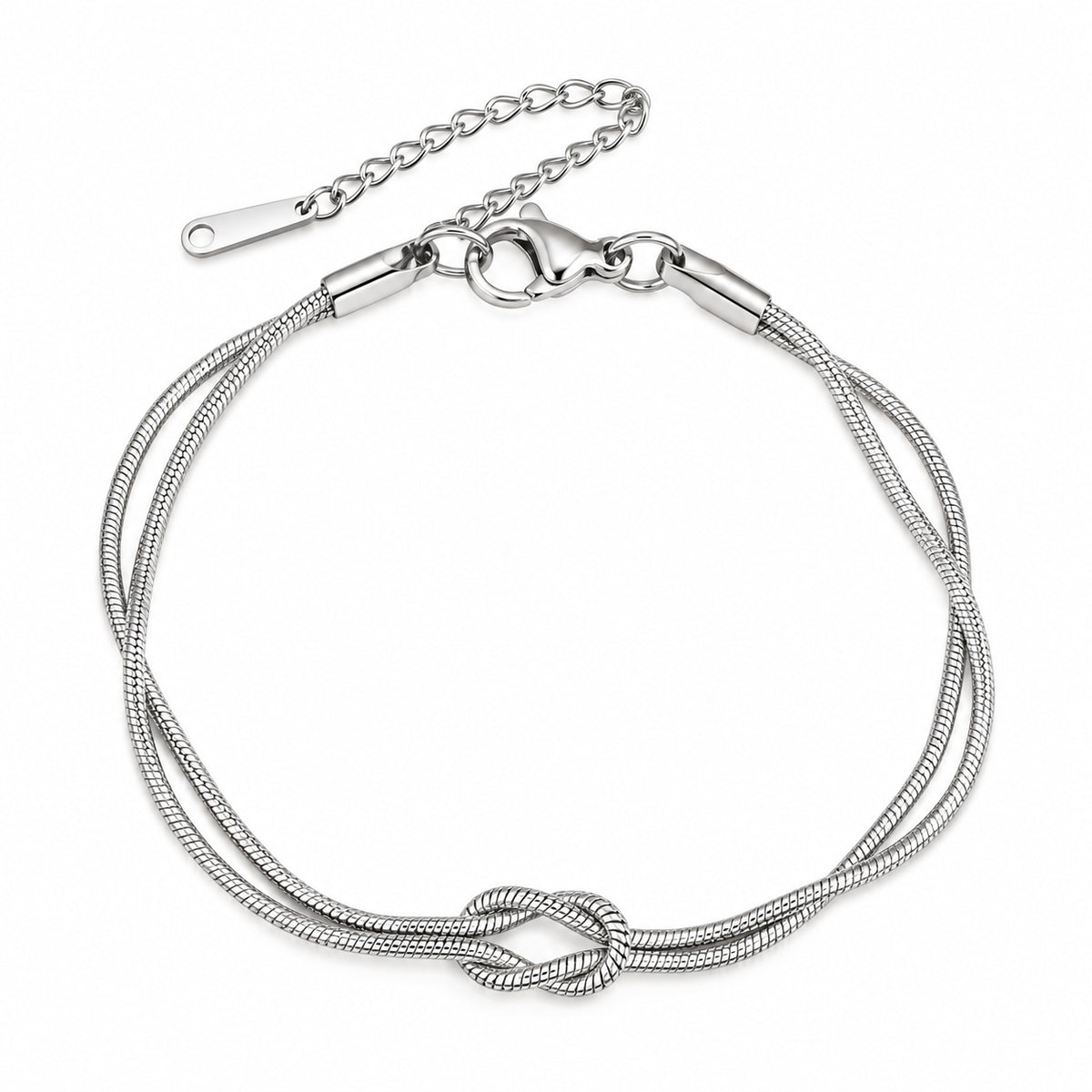 Pulseira MAIA em aço inoxidável com corrente dupla e nó central, acabamento prateado.