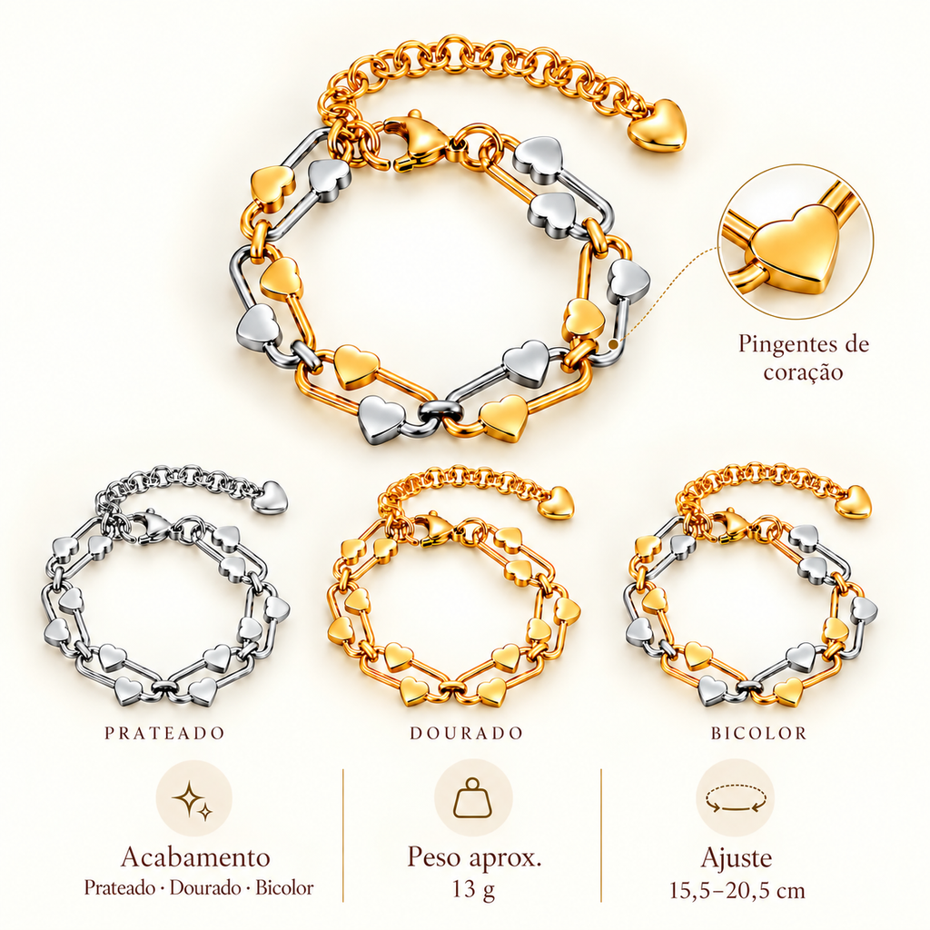 Infografia da Pulseira CORA com acabamentos prateado, dourado e bicolor, peso aproximado e ajuste