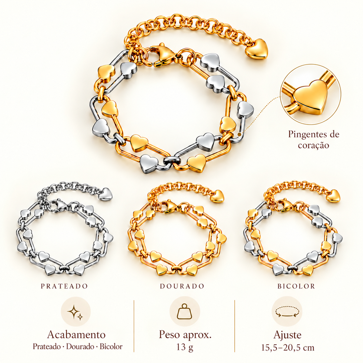 Infografia da Pulseira CORA com acabamentos prateado, dourado e bicolor, peso aproximado e ajuste