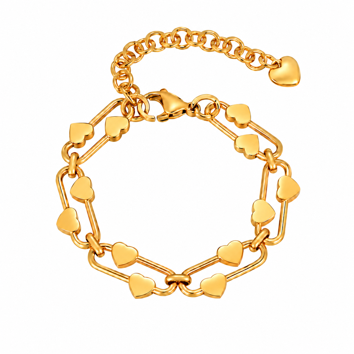 Pulseira CORA dourada com corações e corrente extensível sobre fundo branco