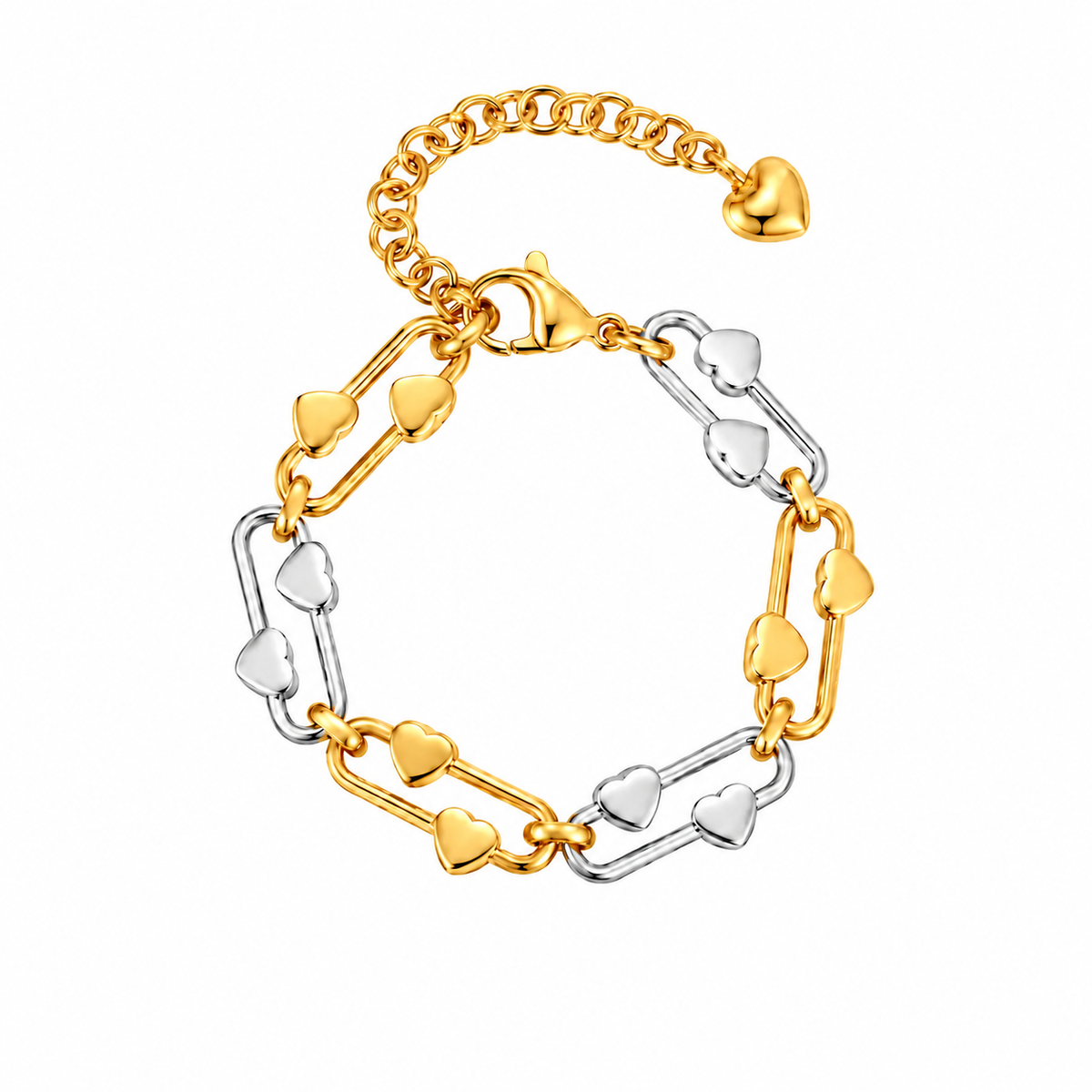 Pulseira CORA bicolor dourada e prateada com corações sobre fundo branco
