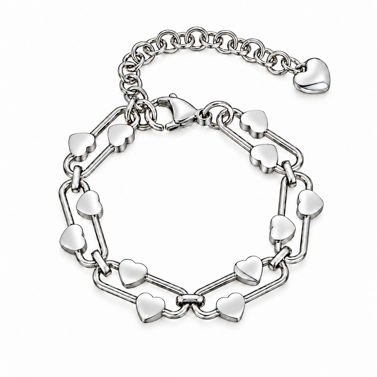 Pulseira CORA prateada com corações e corrente extensível sobre fundo branco