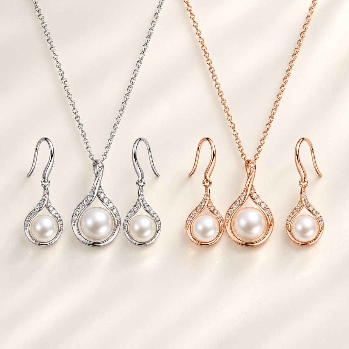 Conjunto ELIA com colar e brincos em acabamentos prateado e rosa dourado com detalhes em pérola e zircónia