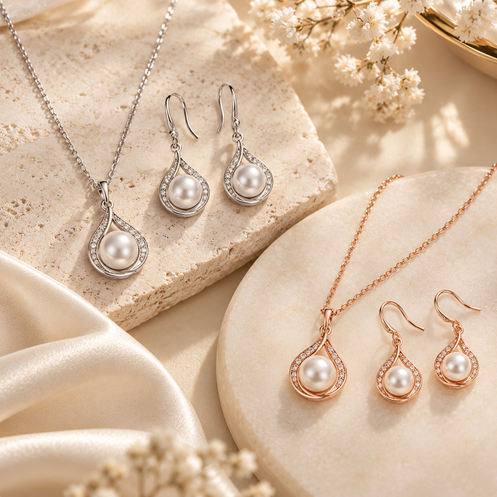 Conjunto ELIA em composição editorial com colar e brincos de pérola e zircónia