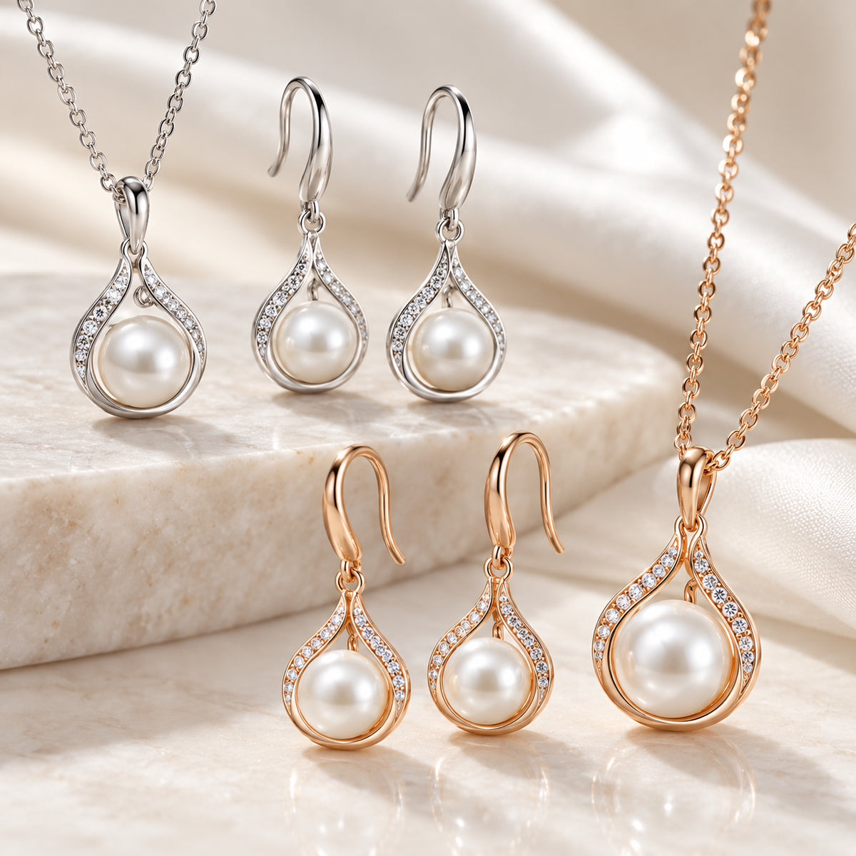 Detalhe do Conjunto ELIA com pérola e zircónia em acabamentos prateado e rosa dourado