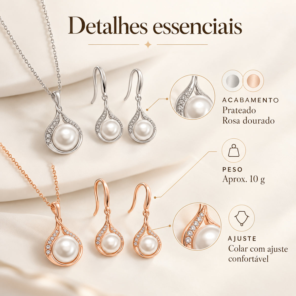 Infografia do Conjunto ELIA com acabamentos prateado e rosa dourado, peso aproximado de 10 g e ajuste do colar