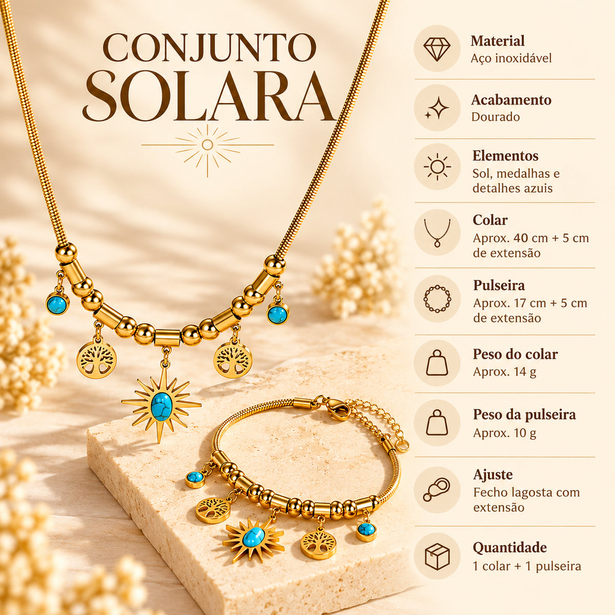 Infografia do Conjunto SOLARA com medidas, pesos, acabamento dourado e ajuste