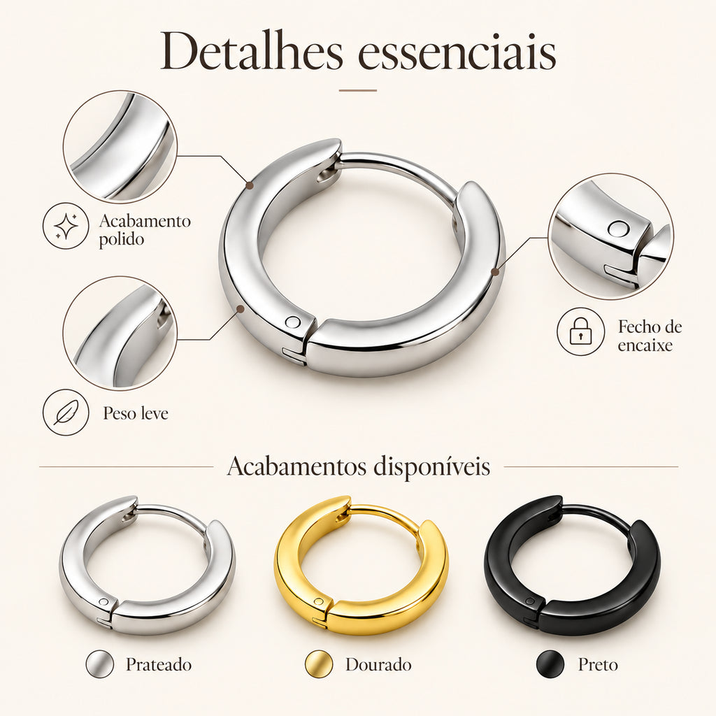 Infografia dos Brincos ELLA com acabamentos prateado, dourado e preto