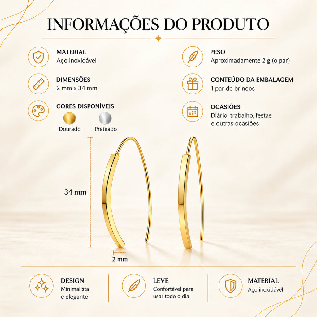 Infografia técnica dos Brincos LINEA com material, dimensões, peso e cores disponíveis