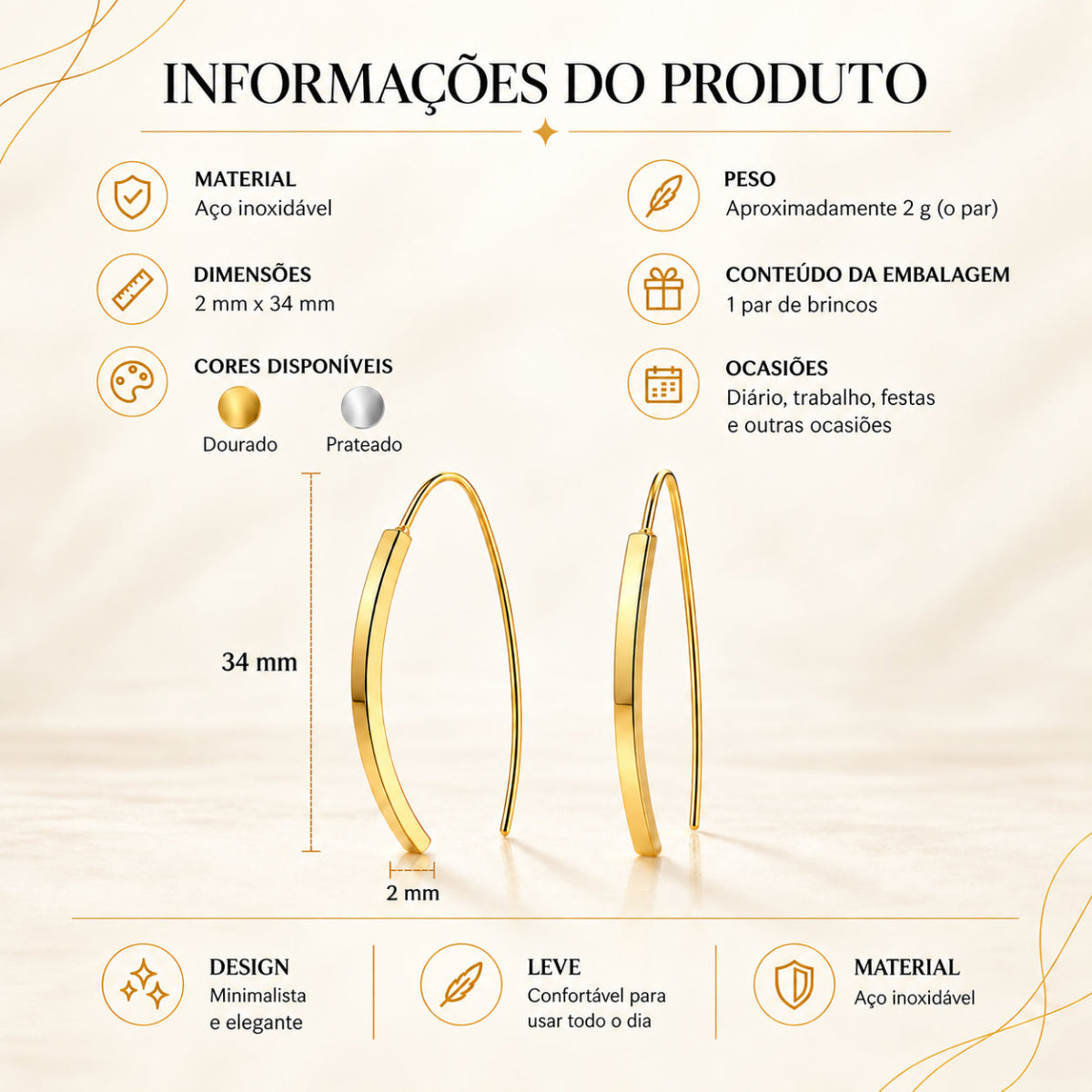 Infografia técnica dos Brincos LINEA com material, dimensões, peso e cores disponíveis