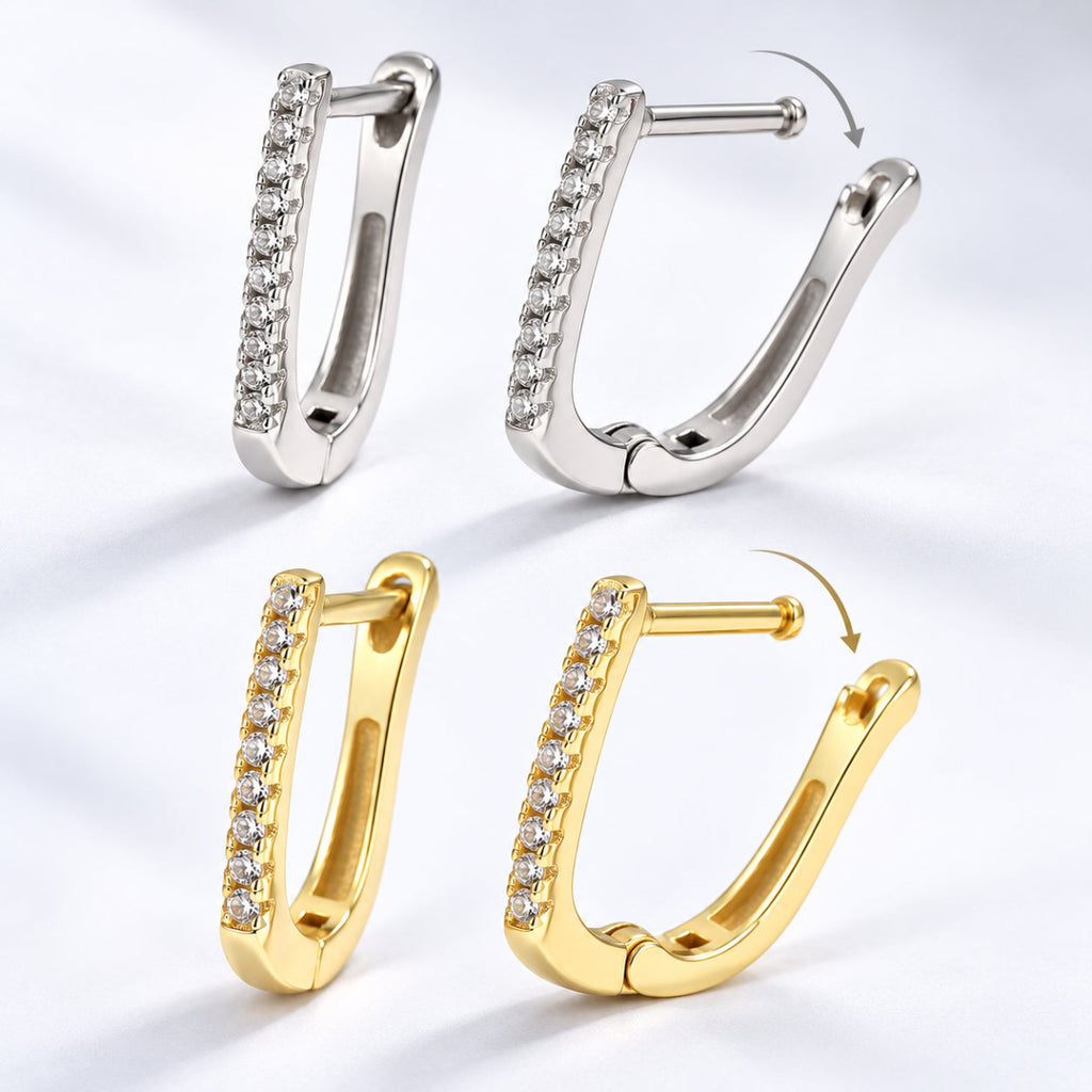 Brincos LUNA em U com zircónias em acabamento prateado e dourado, vista de produto