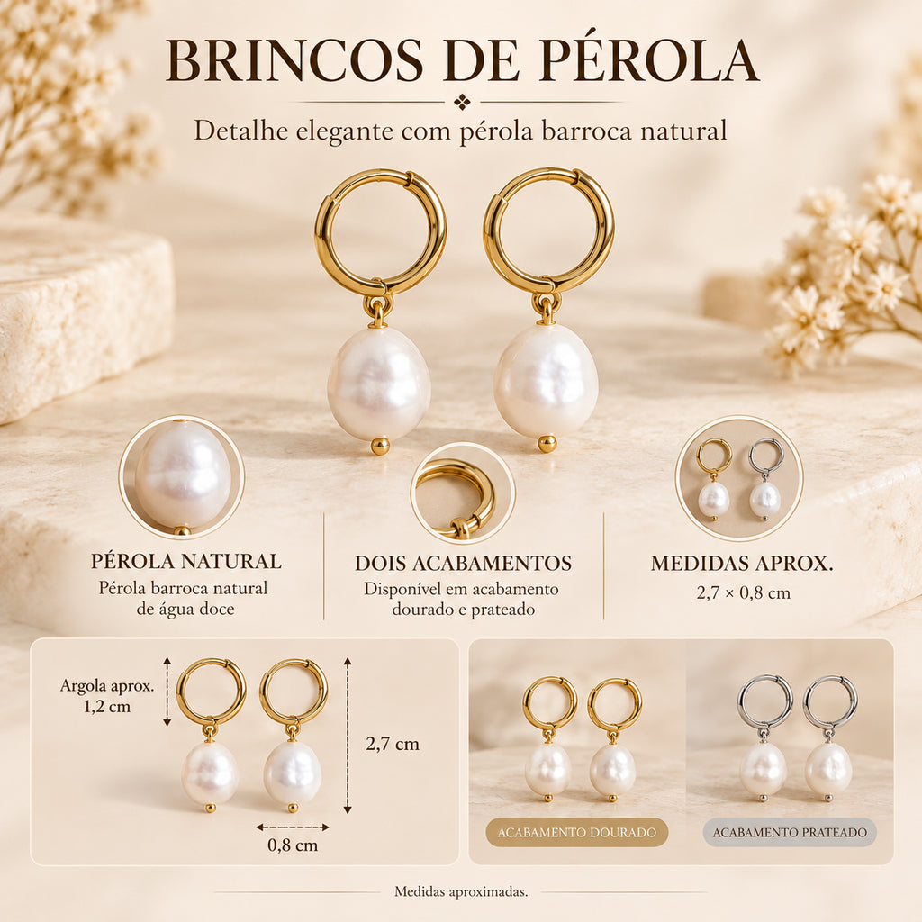 Infografia dos Brincos MIA com detalhe perolado de formato barroco, acabamentos dourado e prateado e medidas aproximadas