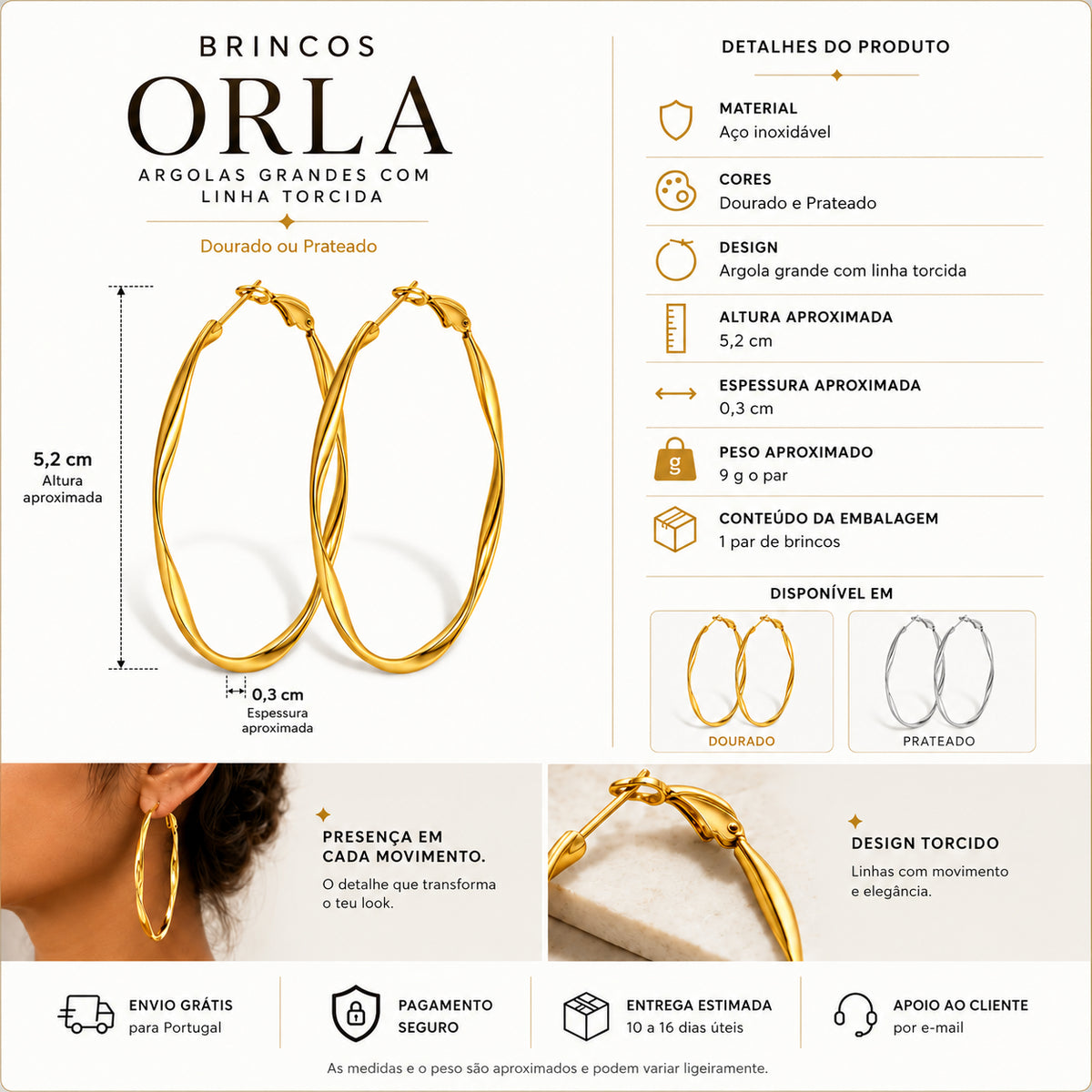 Infografia técnica dos Brincos ORLA com aço inoxidável, acabamentos dourado e prateado, medidas e peso aproximados